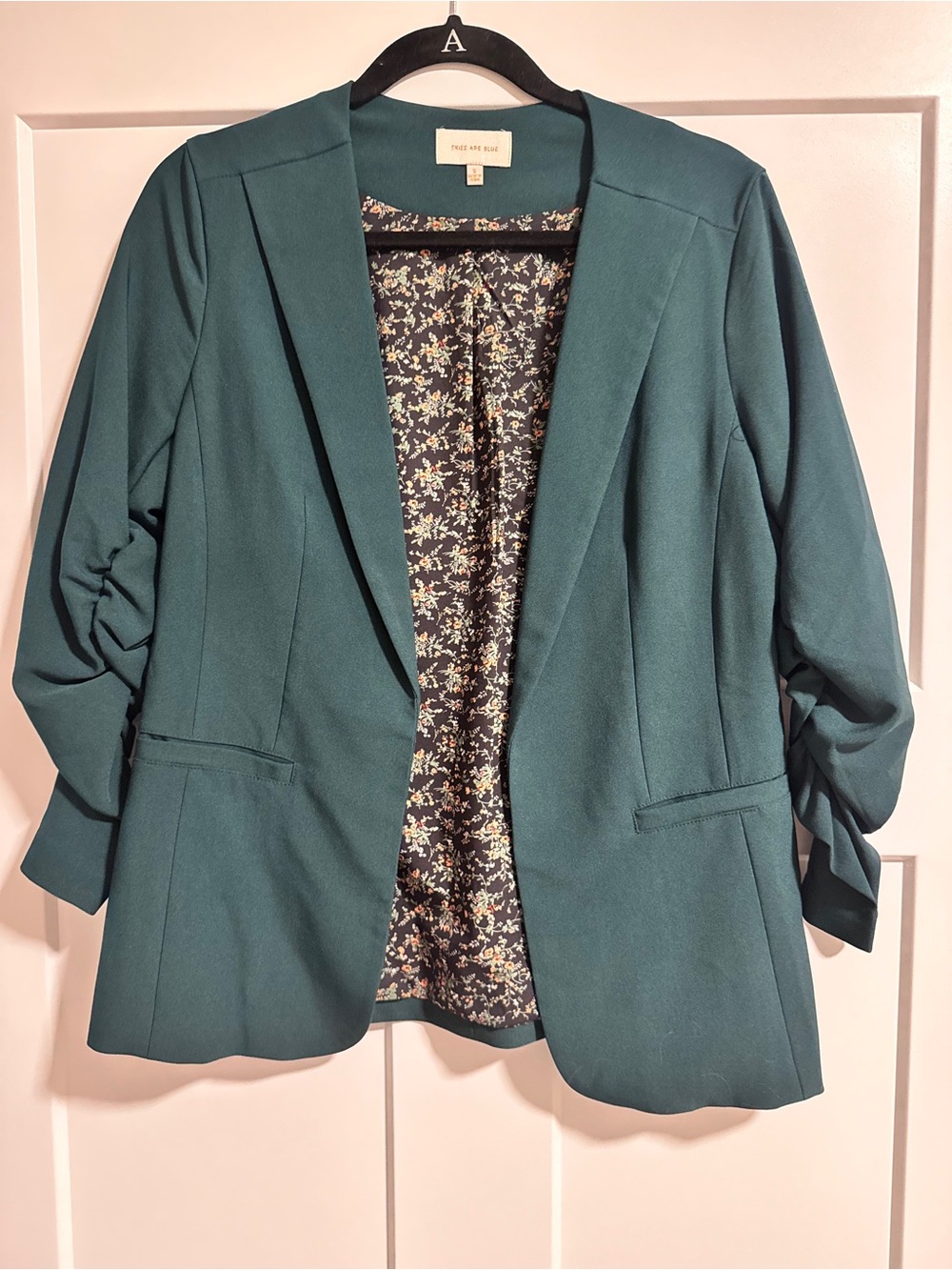 Three Bird Nest Teal Open-Front Blazer with Ruched Sleeves